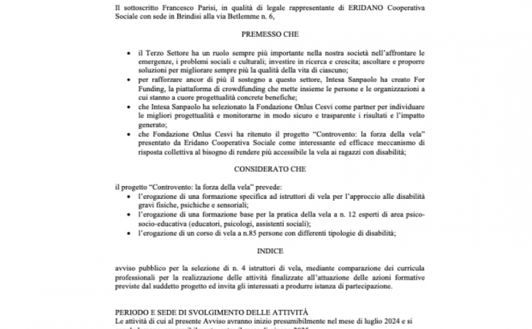 Controvento: avviso pubblico selezione istruttori